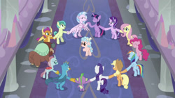 Size: 638x359 | Tagged: safe, edit, edited screencap, editor:undeadponysoldier, screencap, applejack, cozy glow, fluttershy, gallus, ocellus, pinkie pie, rainbow dash, rarity, sandbar, silverstream, smolder, spike, starlight glimmer, twilight sparkle, twilight sparkle (alicorn), yona, alicorn, changedling, changeling, classical hippogriff, dragon, earth pony, griffon, hippogriff, pegasus, pony, unicorn, yak, bow, circle, cloven hooves, colored hooves, cowboy hat, cozybuse, dragoness, female, hair bow, hat, jewelry, kagome kagome, male, mane seven, mane six, mare, monkey swings, necklace, ritual, sad, scared, school of friendship, teenager
