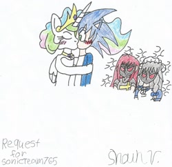 Size: 1619x1570 | Tagged: safe, artist:shawnventura, princess celestia, anthro, human, crossover, erza scarlet, fairy tail, grayfia lucifuge, highschool dxd, humanized, request, shipping, sonic the hedgehog (series), soniclestia