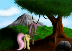 Size: 800x565 | Tagged: safe, artist:the1xeno1, fluttershy, pegasus, pony, female, mare, pink mane, solo, yellow coat