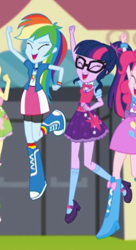 Size: 276x507 | Tagged: safe, derpibooru import, screencap, fluttershy, pinkie pie, rainbow dash, sci-twi, twilight sparkle, eqg summertime shorts, equestria girls, get the show on the road, boots, clothes, compression shorts, cropped, female, geode of super speed, geode of telekinesis, legs, magical geodes, mary janes, offscreen character, ponytail, shoes, shorts, skirt, smiling