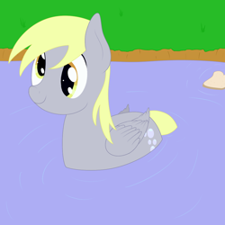 Size: 1000x1000 | Tagged: safe, artist:nitei, derpy hooves, duck pony, pegasus, pony, bread, floating, food, grass, pegaduck, pond, ripples, silly, silly pony, smiling, solo