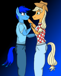 Size: 1267x1579 | Tagged: safe, artist:wayup, applejack, oc, oc:azul brush, anthro, canon x oc, gradient background