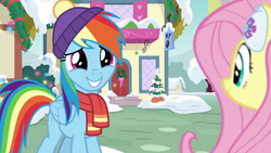 Size: 1280x720 | Tagged: safe, derpibooru import, screencap, fluttershy, rainbow dash, pegasus, pony, best gift ever, clothes, earmuffs, scarf, snow