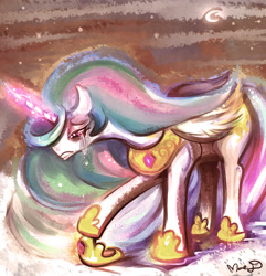 Size: 700x725 | Tagged: safe, artist:caramelfrog, princess celestia, alicorn, pony, crying, glowing horn, sad, solo