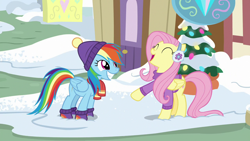 Size: 1280x720 | Tagged: safe, derpibooru import, screencap, fluttershy, rainbow dash, pegasus, pony, best gift ever, clothes, cute, dashabetes, earmuffs, eyes closed, female, hat, mare, open mouth, raised hoof, scarf, shyabetes, smiling, snow, sweater
