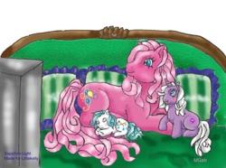 Size: 668x497 | Tagged: safe, artist:sapphire-light, pinkie pie, oc, earth pony, pony, g3, baby, baby pony, babysitting, television