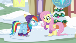 Size: 1280x720 | Tagged: safe, derpibooru import, screencap, fluttershy, rainbow dash, pegasus, pony, best gift ever, clothes, earmuffs, scarf, snow