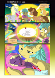 Size: 6197x8760 | Tagged: safe, artist:jeremy3, derpy hooves, lord tirek, pinkie pie, sunshower raindrops, oc, oc:trissie, oc:valentine, centaur, earth pony, pegasus, pony, comic:behind me, absurd resolution, alternate universe, comic, explosion, silhouette