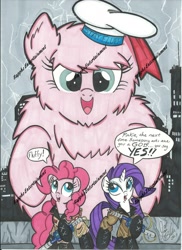 Size: 1205x1655 | Tagged: safe, artist:ponygoddess, pinkie pie, rarity, oc, oc:fluffle puff, earth pony, pony, unicorn, crossover, ghostbusters, stay puft marshmallow man, watermark