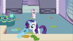 Size: 1920x1080 | Tagged: safe, screencap, rarity, sweetie belle, pony, unicorn, sisterhooves social, carrot, food, glowing horn, knife, magic, rarity looking at food, telekinesis