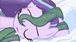 Size: 2048x1146 | Tagged: safe, screencap, starlight glimmer, pony, unicorn, the ending of the end, blizzard, changeling slime, defeated, eyes closed, female, leak, mare, open mouth, outdoors, snow, snowfall, solo, unconscious, windswept mane