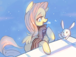 Size: 1100x827 | Tagged: safe, artist:tc, angel bunny, fluttershy, pegasus, pony, clothes, pixiv, scarf, solo