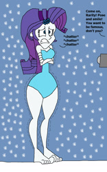 Size: 1065x1709 | Tagged: safe, artist:hunterxcolleen, rarity, human, equestria girls, barefoot, bikini, camera, clothes, cold, feet, forced, freezing, freezing fetish, humanized, ms paint, one-piece swimsuit, peer pressure, shivering, snow, snowfall, snowflake, swimsuit, talking, this will end in death