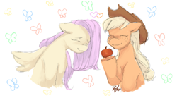 Size: 2773x1543 | Tagged: safe, artist:dggeoffing, applejack, fluttershy, earth pony, pegasus, pony, apple, blushing, eyes closed, smiling