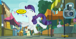 Size: 2481x1281 | Tagged: safe, edit, edited screencap, screencap, rarity, pony, unicorn, the gift of the maud pie, behaving like a dog, behaving like pinkie pie, discovery family logo, frisbee