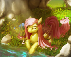 Size: 2500x2000 | Tagged: safe, artist:santagiera, fluttershy, pegasus, pony, crepuscular rays, eyes closed, female, forest, grass, long mane, mane, mare, nature, outdoors, prone, resting, river, rock, solo, sunlight, water