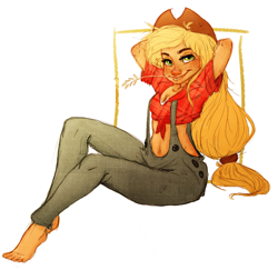 Size: 850x825 | Tagged: safe, artist:toastystroodle, applejack, human, feet, front knot midriff, humanized, midriff, overalls, sitting, solo, suspenders