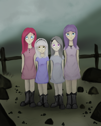 Size: 2362x2953 | Tagged: safe, artist:xenalollie, limestone pie, marble pie, maud pie, pinkie pie, human, clothes, creepy, dress, humanized, looking at you, pie sisters, pinkamena diane pie, rock farm, younger