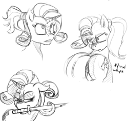 Size: 902x853 | Tagged: safe, artist:post-it, rarity, pony, unicorn, alternate hairstyle, alternate universe, angry, broken sword, head turn, monochrome, sketch, solo, sword, sword rara, weapon