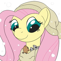 Size: 800x800 | Tagged: safe, artist:wryte, fluttershy, mouse, pegasus, pony, squirrel, clothes, hat, newbie artist training grounds, scarf, snow, snowfall