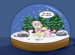 Size: 1382x1023 | Tagged: safe, artist:whatsapokemon, fluttershy, pegasus, pony, colored pupils, floppy ears, frown, open mouth, rock, sitting, snow, snow globe, snowfall, solo, spread wings, tree, underhoof