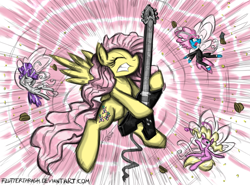 Size: 1000x738 | Tagged: safe, artist:flutterthrash, fluttershy, seabreeze, breezie, pegasus, pony, electric guitar, eyes closed, gritted teeth, guitar, heavy metal, hilarious in hindsight, loud, open mouth, wide eyes