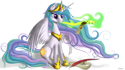 Size: 3200x1800 | Tagged: safe, artist:awalex, princess celestia, alicorn, pony, female, fire, fire breath, magic, mare, quill, scroll, simple background, sitting, solo, spread wings, telekinesis, transparent background