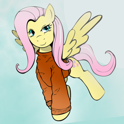 Size: 1080x1080 | Tagged: safe, artist:redenaz, fluttershy, pegasus, pony, bottomless, clothes, looking at you, newbie artist training grounds, partial nudity, smiling, solo, spread wings, sweater, sweatershy