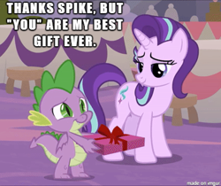 Size: 402x338 | Tagged: safe, edit, edited screencap, screencap, spike, starlight glimmer, dragon, pony, unicorn, the last problem, cropped, female, leak, male, mare, present, shipping, sparlight, straight, winged spike