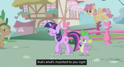 Size: 571x308 | Tagged: safe, derpibooru import, screencap, dizzy twister, mr. greenhooves, orange swirl, spike, twilight sparkle, dragon, boast busters, background pony, meme, youtube caption