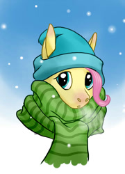 Size: 593x825 | Tagged: safe, artist:dvorgaz, fluttershy, pegasus, pony, bonnet, clothes, scarf, solo