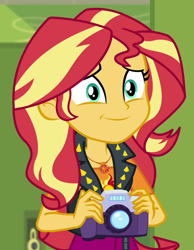 Size: 840x1080 | Tagged: safe, screencap, sunset shimmer, better together, equestria girls, forgotten friendship, camera, cropped, cute, geode of empathy, magical geodes, shimmerbetes, solo