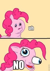 Size: 398x558 | Tagged: safe, pinkie pie, earth pony, pony, artifact, caption, face, faic, herp derp, reaction image, solo, wat, weird, wtf