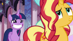 Size: 1920x1080 | Tagged: safe, screencap, sunset shimmer, twilight sparkle, twilight sparkle (alicorn), alicorn, pony, unicorn, better together, equestria girls, forgotten friendship, duo, faic, female, forgiveness, grin, happy, mare, most likely to be forgotten, reconciliation, reunion, smiling, squee