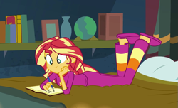 Size: 905x550 | Tagged: safe, screencap, sunset shimmer, better together, equestria girls, forgotten friendship, bed, book, clothes, cropped, journal, pajamas, solo, sunset's apartment