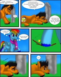 Size: 1024x1280 | Tagged: safe, artist:tristanjsolarez, derpibooru import, rainbow dash, oc, earth pony, pegasus, pony, comic:trans ponies, clothes, comic, crying, flower, gravestone, male, mouth hold, scarf, stallion, transgender, unshorn fetlocks