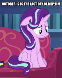 Size: 1076x1350 | Tagged: safe, edit, edited screencap, screencap, starlight glimmer, pony, unicorn, every little thing she does, cropped, end of g4, end of ponies, female, mare, press f to pay respects, sad, solo, text, text edit