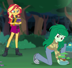 Size: 845x800 | Tagged: safe, screencap, sunset shimmer, wallflower blush, equestria girls, equestria girls series, forgotten friendship, bonsai, book, cropped, duo, duo female, female