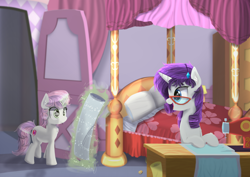 Size: 4092x2893 | Tagged: safe, artist:alexander56910, rarity, sweetie belle, pony, unicorn, backwards cutie mark, chest fluff, cutie mark, ear fluff, magic, messy mane, room, the cmc's cutie marks