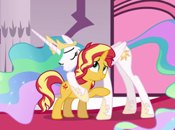 Size: 1245x926 | Tagged: safe, screencap, princess celestia, sunset shimmer, alicorn, pony, unicorn, better together, equestria girls, forgotten friendship, cropped, duo, forgiveness, heartwarming, hoof shoes, hug, it happened, momlestia, reconciliation, reunion