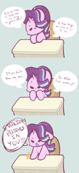 Size: 1280x2790 | Tagged: safe, artist:typhwosion, starlight glimmer, pony, unicorn, cheering, chibi, comic, cute, desk, dialogue, floppy ears, glimmerbetes, positive ponies, solo, starlight's office