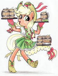 Size: 900x1178 | Tagged: safe, artist:oriwhitedeer, applejack, earth pony, pony, semi-anthro, braided tail, cider, looking at you, pie, pigtails, prehensile tail, smiling, solo, traditional art, twintails