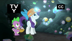 Size: 1920x1080 | Tagged: safe, screencap, rarity, spike, dragon, pony, unicorn, gauntlet of fire, basket, cave, female, gem, gem cave, glowing horn, hair bow, helmet, levitation, light, magic, male, mare, mining, mining helmet, telekinesis, tv rating, tv-y, underground