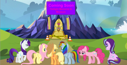 Size: 1308x669 | Tagged: safe, artist:irky3, artist:jawsandgumballfan24, artist:lt-fleur, applejack, fluttershy, pinkie pie, rainbow dash, rarity, starlight glimmer, earth pony, pegasus, pony, unicorn, castle, construction tape, plywood, ponyville, twilight's castle