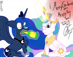 Size: 1736x1377 | Tagged: safe, artist:nexcoyotlgt, princess celestia, princess luna, alicorn, pony, bottle, christmas, magic, one eye closed, sitting, wink