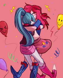 Size: 625x768 | Tagged: safe, artist:hisshi shoujo, pinkie pie, sonata dusk, equestria girls, clothes, hug, pinata (ship), pixiv, skirt