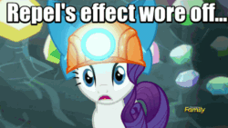 Size: 500x281 | Tagged: safe, screencap, rarity, bat, pony, unicorn, gauntlet of fire, animated, bow, cave, discovery family logo, frown, gem, gem cave, hard hat, hat, helmet, image macro, meme, mining helmet, oh crap, open mouth, pokémon, solo, wide eyes, zubat