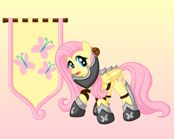 Size: 1280x1024 | Tagged: safe, artist:ohemo, fluttershy, pegasus, pony, armor, banner, flag, gorget, solo