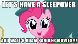 Size: 610x343 | Tagged: safe, screencap, pinkie pie, earth pony, pony, adam sandler, happy, image macro, let's have a sleepover and watch x, meme, sleepover, smiling