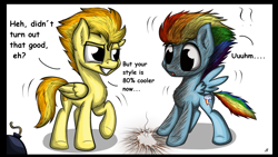 Size: 1024x576 | Tagged: safe, artist:lupiarts, derpibooru import, rainbow dash, spitfire, pegasus, pony, alternate hairstyle, bomb, dialogue